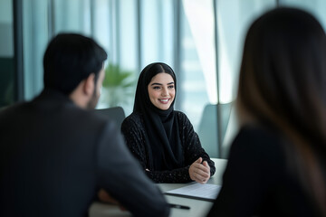 Woman in Hijab Abaya working at office meeting in room.