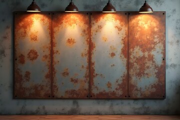 Old rusty zinc wall panels with rusty texture as a background. Vintage retro interior design concept. Rusty zinc sheets. Place to add text and design. Photo of rotten zinc surface. Iron sheets.