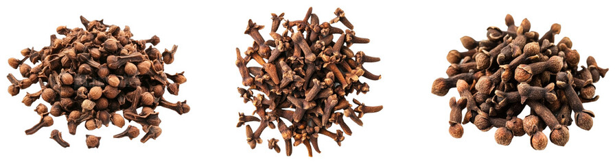 Fototapeta premium Various piles of whole cloves. Set of png on transparent background