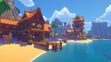 Obraz premium A vibrant coastal village with wooden houses, palm trees, and a serene beach by the water.