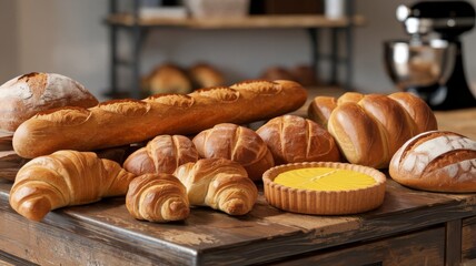 High-resolution close-up of bread and pastries on a wooden table, perfect for bakery displays