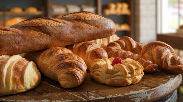 High-resolution close-up of bread and pastries on a wooden table, perfect for bakery displays