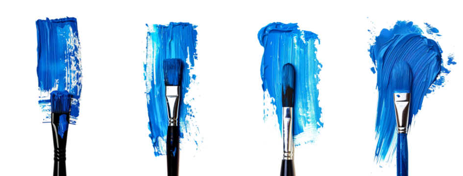 Different brush techniques using vibrant blue paint on canvas. Set of png on transparent background