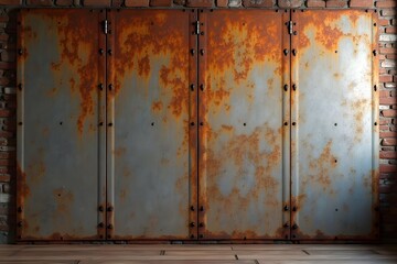 Old rusty zinc wall panels with rusty texture as a background. Vintage retro interior design concept. Rusty zinc sheets. Place to add text and design. Photo of rotten zinc surface. Iron sheets.