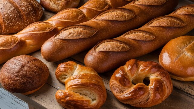 High-resolution close-up of bread and pastries on a wooden table, perfect for bakery displays