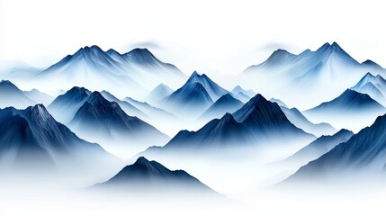 Close-up of towering mountains in traditional Chinese ink painting style, mist enveloping peaks, serene and mystical atmosphere, minimalistic colors, mountains painted in Chinese style