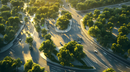 Aerial View of Road Intersection Surrounded by Trees 3D Illustration