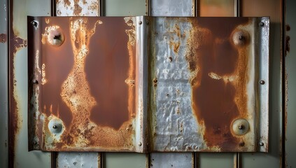 Old rusty zinc wall panels with rusty texture as a background. Vintage retro interior design concept. Rusty zinc sheets. Place to add text and design. Photo of rotten zinc surface. Iron sheets.