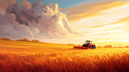 Fototapeta premium A tractor harvesting wheat in a golden field under a cloudy sky at sunset. Golden Harvest Fields. Illustration