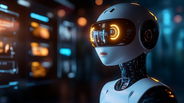 Immerse yourself in a realistic and detailed stock photo showcasing a cuttingedge scenario where an AIpowered personal assistant, designed with a friendly and approachable face