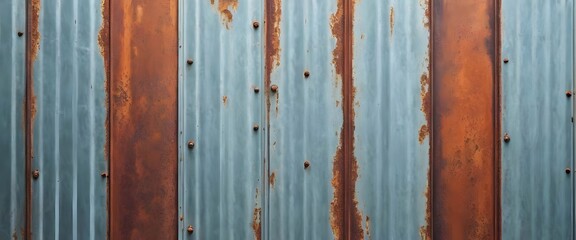 Old rusty zinc wall panels with rusty texture as a background. Vintage retro interior design concept. Rusty zinc sheets. Place to add text and design. Photo of rotten zinc surface. Iron sheets.