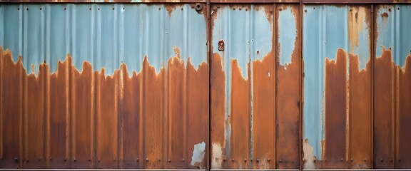 Old rusty zinc wall panels with rusty texture as a background. Vintage retro interior design concept. Rusty zinc sheets. Place to add text and design. Photo of rotten zinc surface. Iron sheets.