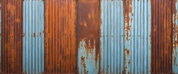 Old rusty zinc wall panels with rusty texture as a background. Vintage retro interior design concept. Rusty zinc sheets. Place to add text and design. Photo of rotten zinc surface. Iron sheets.