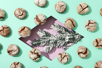 Appetizing crinkle cookies, on a blue background.