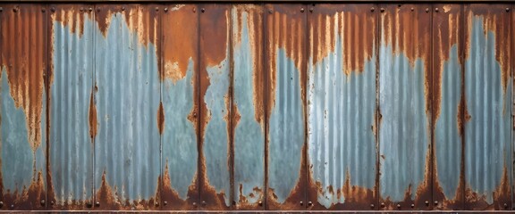 Obraz premium Old rusty zinc wall panels with rusty texture as a background. Vintage retro interior design concept. Rusty zinc sheets. Place to add text and design. Photo of rotten zinc surface. Iron sheets.