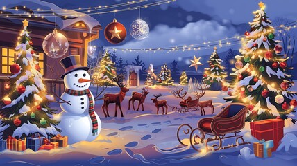 Festive Winter Scene with Snowman, Reindeer, and Christmas Trees