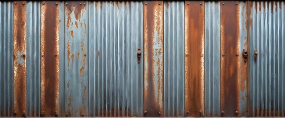 Old rusty zinc wall panels with rusty texture as a background. Vintage retro interior design concept. Rusty zinc sheets. Place to add text and design. Photo of rotten zinc surface. Iron sheets.