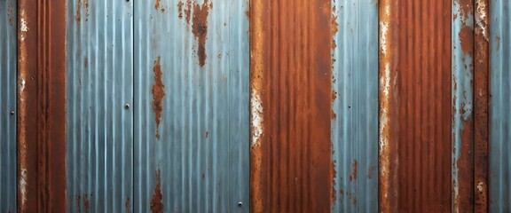 Old rusty zinc wall panels with rusty texture as a background. Vintage retro interior design concept. Rusty zinc sheets. Place to add text and design. Photo of rotten zinc surface. Iron sheets.