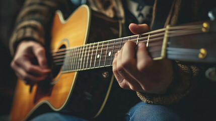 Obraz premium close-up view of hand playing guitar.ai generative