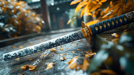 Autumn Leaves and a Traditional Japanese Sword Illustration