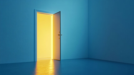 close-up view of blue wall with yellow front door is open.ai generative