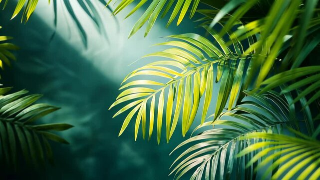 Exotic palm leaves shadows on dark green paper background, lush silhouettes texture, abstract defocused backdrop for product placement Video