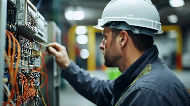 An electrician in a hard hat adjusts wiring on a circuit board in a workshop environment, focused on ensuring proper electrical connections. Industrial, precise work setting Video