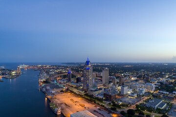 Downtown Mobile waterfront skyline at sunset