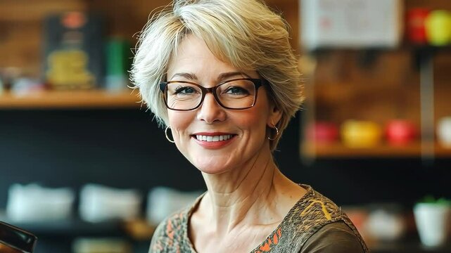 Smiling Woman with Glasses in a Caf?