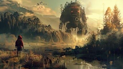 Fototapeta premium Giant Robot in a Fantasy Landscape - Digital Art