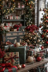 Fototapeta premium Holiday setup with gifts and decorations arranged from the back, capturing the festive cheer.