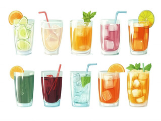 A collection of vibrant, refreshing drinks in clear glasses, featuring various fruits and ice, perfect for summertime. transparent background