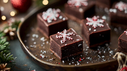 Dark Chocolate Ganache Bites with Sugar Snowflake Decor