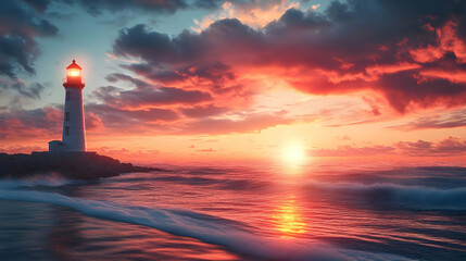 Obraz premium Lighthouse on a Rocky Shore at Sunset - 3D Illustration