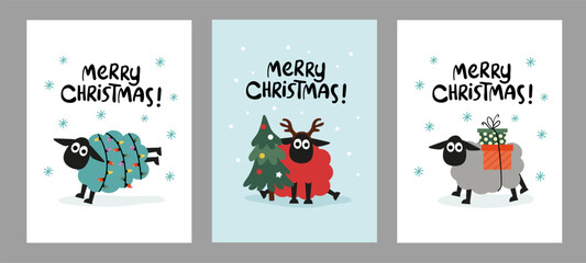 Merry Christmas sheep cards. Cute sheep with Christmas elements.