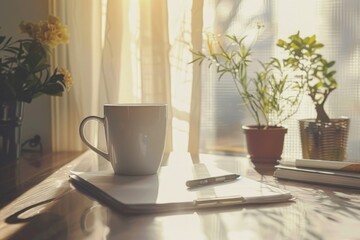 Morning job essentials on a clean desk with copy space.