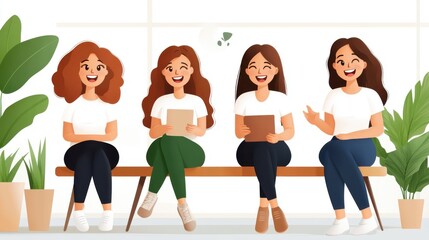 Fototapeta premium Animated women engage with each other on a bench, sharing stories and smiles in a sunlit room, embodying friendship and joyous connection amidst greenery.