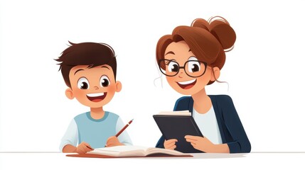 A woman and child smile and engage in a study session together, emphasizing the beauty of education, support, and nurturing in a family setting.