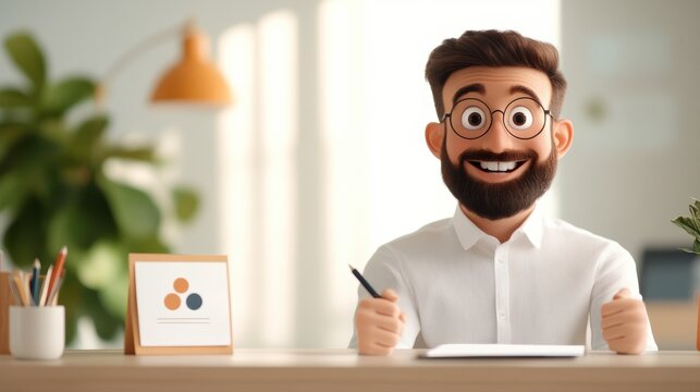 Animated businessman, seated at a desk with a report in hand, exudes enthusiasm and optimism, characterized by bright colors and dynamic character design.