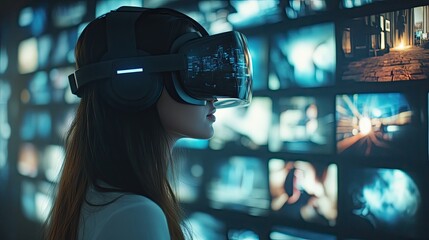 A woman wearing VR headset looks at screen. This photo can be used for articles about virtual reality, technology, or future.