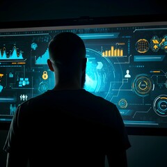 Silhouetted figure standing before a digital screen illustrating cyber threats and defenses