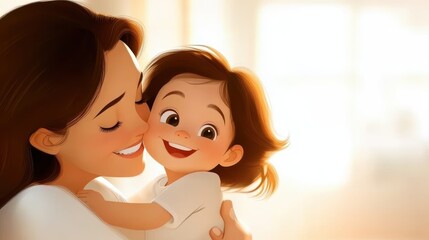 An animated mother lovingly embraces her smiling child in a sunlit room, capturing the essence of...