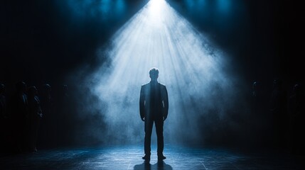 Bold lead actor in a spotlight, standing center stage while the rest of the cast fades into the shadows behind. theater stage, dramatic focus