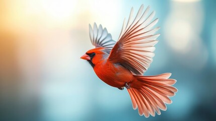 Bright red bird flying across a pastel blue sky, symbolizing freedom and the beauty of nature's vivid contrasts. red bird, sky contrast
