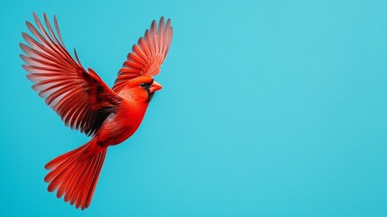 Bright red bird with outstretched wings flying across a soft blue sky, creating a striking contrast of color and motion. bird in flight, vibrant nature