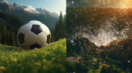 Naklejka premium Soccer ball on a mountainside
