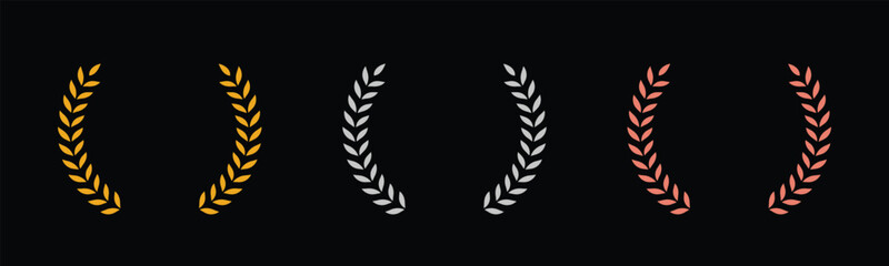 Laurel wreath of victory icon, set of gold, silver, and bronze medals on black background, laurel frame ranking decoration. Vector illustration