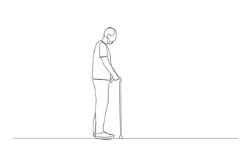 Hand-drawn old man walking with cane continuous one-line art drawing. Vector illustration.