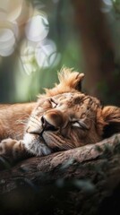 A serene image of a lion cub peacefully sleeping on a tree branch, surrounded by natural foliage and soft sunlight.