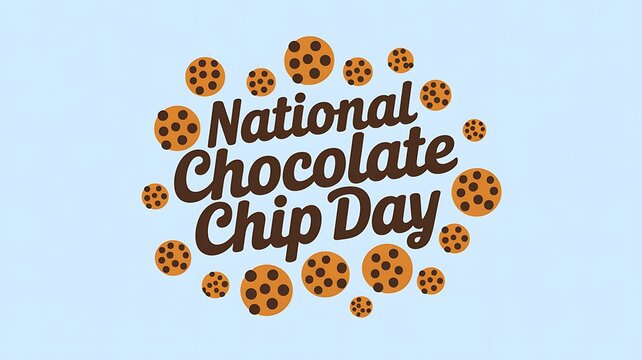 A light blue background with the text "National Chocolate Chip Day" surrounded by chocolate chip cookies